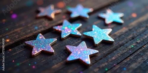 Small, holographic star stickers on dark wood, sticker, tiny