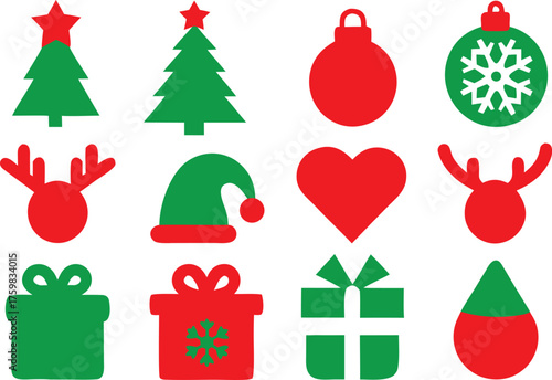 15 Red and green Christmas icon set vector art