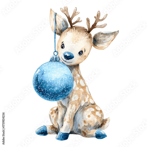Cute deer with antlers holding a blue ornament in a joyful watercolor style for festive celebration