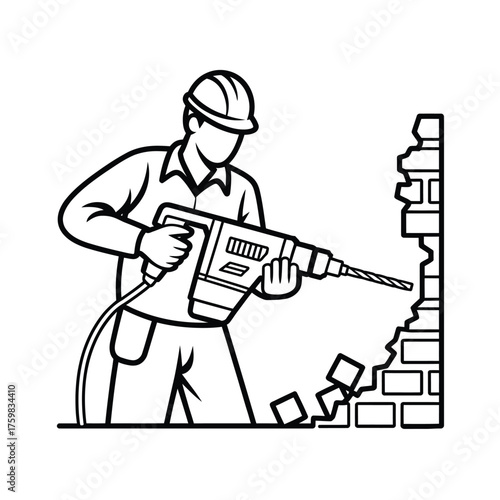 Construction worker using a jackhammer to break down a brick wall