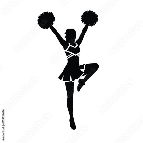 Dynamic silhouette of a cheerleader performing a high kick with pom-poms raised silhouette