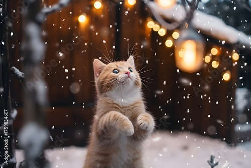 Playful orange kitten with fluffy fur, standing in falling snow, surrounded by twinkling lights and a cozy wooden cabin, capturing the essence of winter joy and warmth