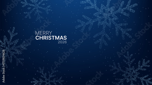 Dot technology big data snowflake. Merry Christmas 2026 winter season greeting card. Blue holiday background for digital communication.