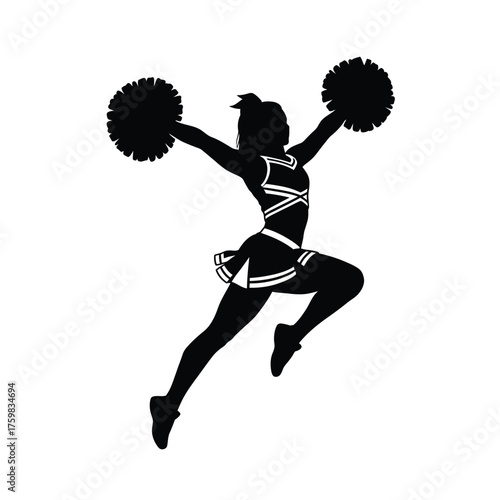 Silhouette of energetic cheerleader in action posing with pom-poms ready for competition silhouette