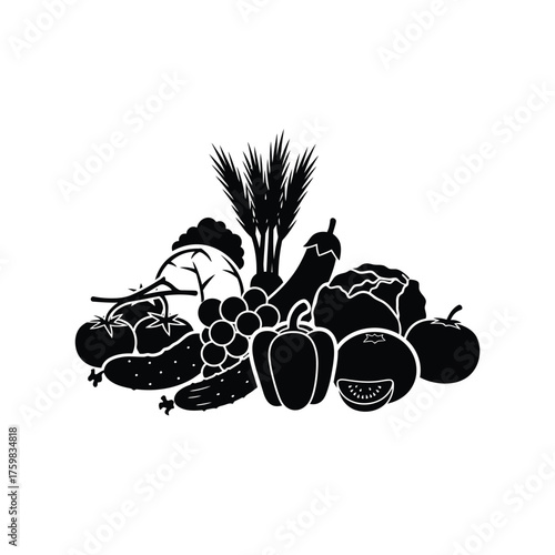 Diverse assortment of fresh vegetables and fruits presented in a stylized silhouetted arrangement silhouette