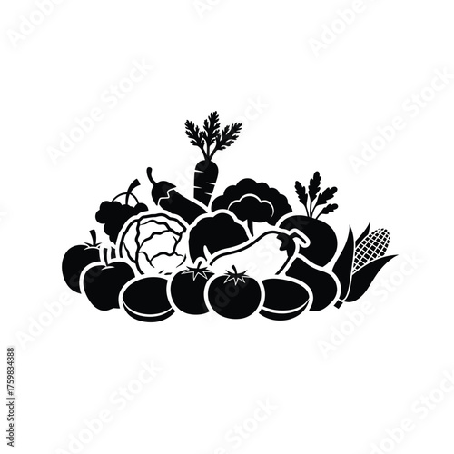 Diverse assortment of fresh healthy vegetables and fruits silhouette for healthy eating lifestyle silhouette