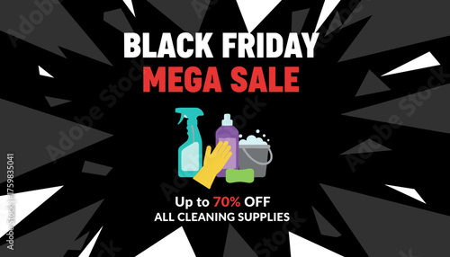 Black Friday Mega Sale banner for cleaning supplies up to 70 off household essentials
