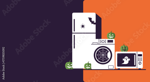Minimalist illustration of household appliances decorated for Halloween with a ghost spider bat and green pumpkins Festive holiday concept