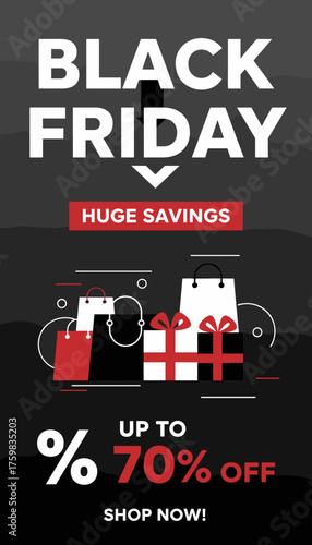 Black Friday sale banner with shopping bags and gifts offering huge savings up to 70 off