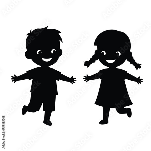 Joyful black silhouette of a boy and girl dancing together celebrating childhood happiness silhouette