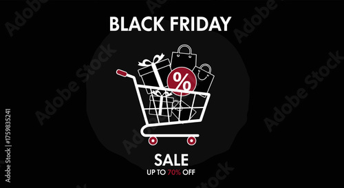 Black Friday Sale promotion graphic with shopping cart full of gifts and discount sign