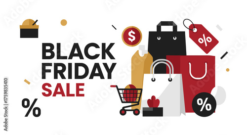 Black Friday Sale banner illustration with shopping bags cart and discount symbols Retail promotion concept