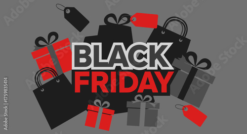 Black Friday sale graphic with shopping bags gifts and tags on a gray background Commerce concept