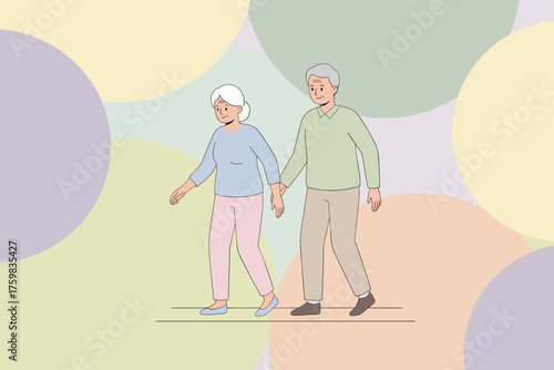 Happy senior couple holding hands and walking symbolizing love support and active aging
