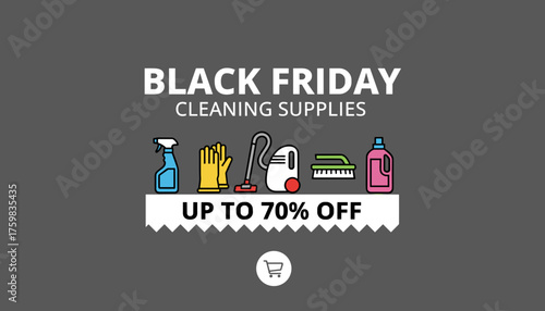 Black Friday cleaning supplies sale banner with icons and Up to 70 Off discount