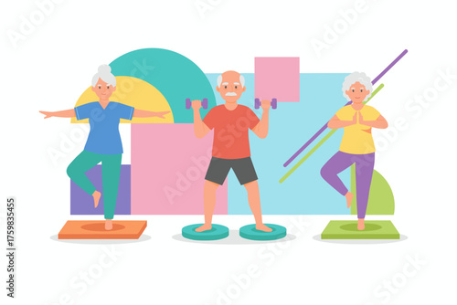 Active seniors exercising together yoga poses and lifting weights for health and wellbeing