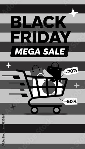 Black Friday Mega Sale Shopping cart with bags and percentage discounts Promotion concept