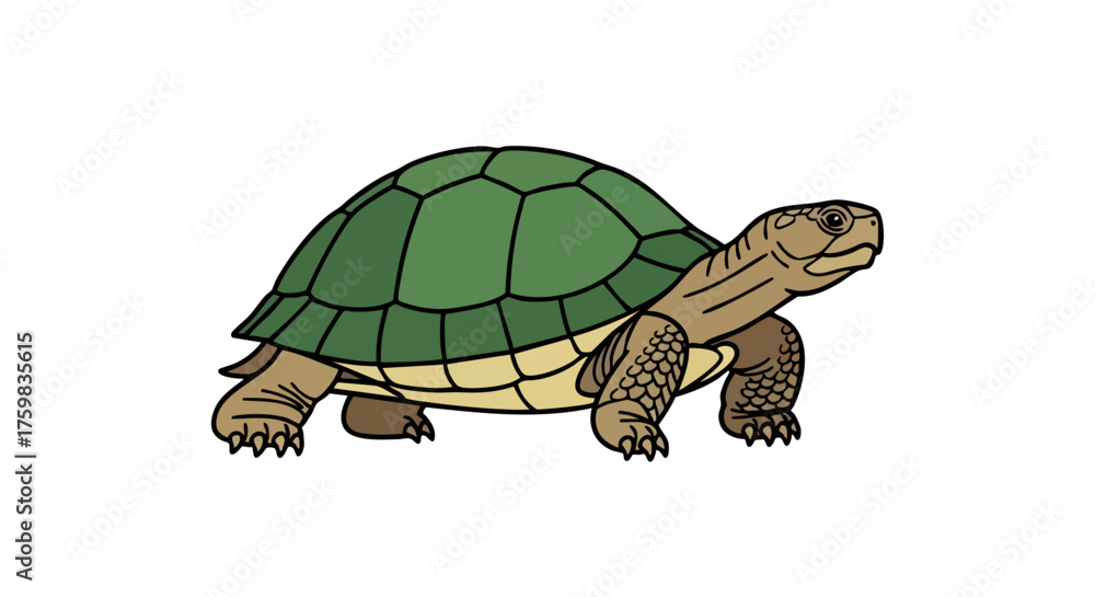 Obraz premium Cartoon turtle with a green shell slowly walking on a black background illustration