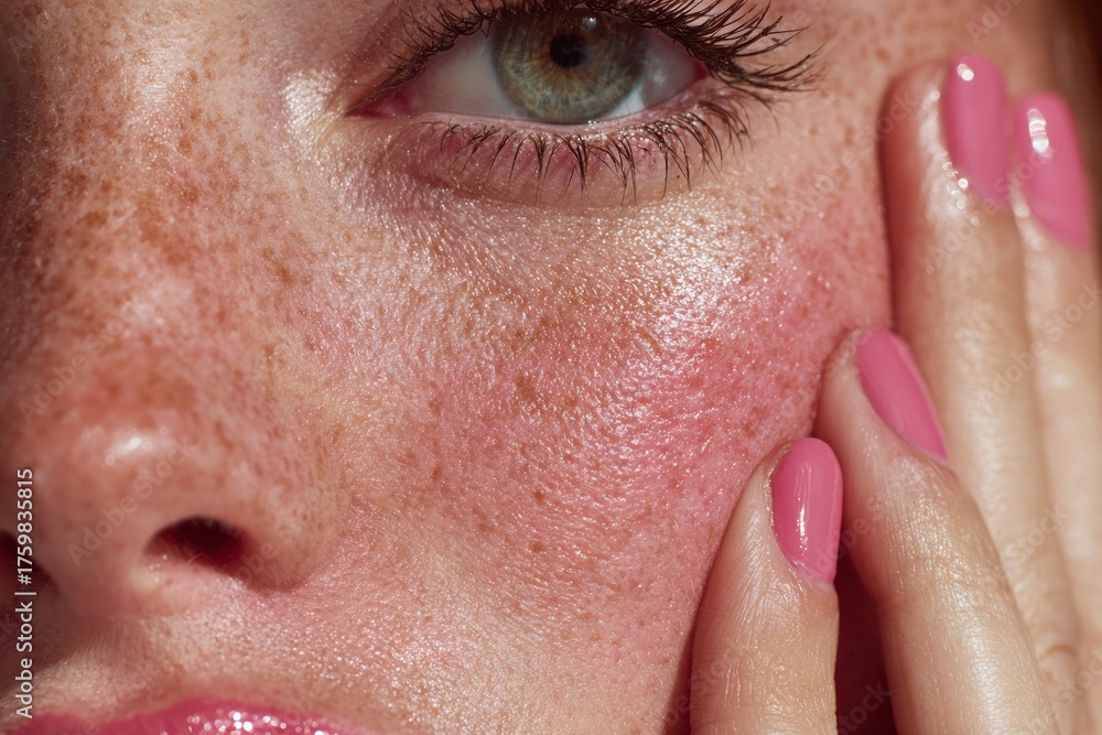 Fototapeta premium Woman touching cheek, showing sensitive skin, freckles, and redness