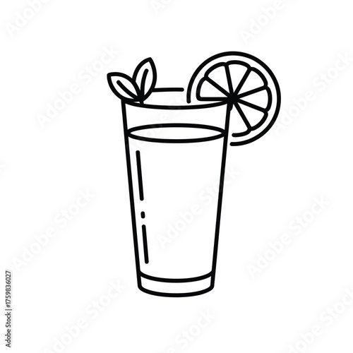 Simple line drawing of a tall glass of refreshing drink with lemon and mint