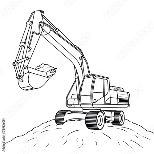 Line drawing of a wheeled excavator digging a pile of dirt