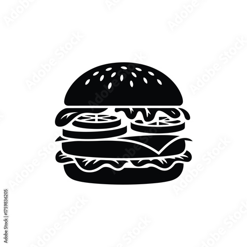 Simple black and white silhouette icon of a delicious cheeseburger