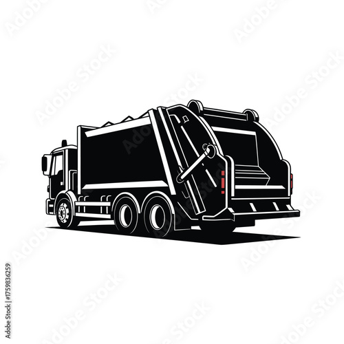 Black and white illustration of a modern garbage truck
