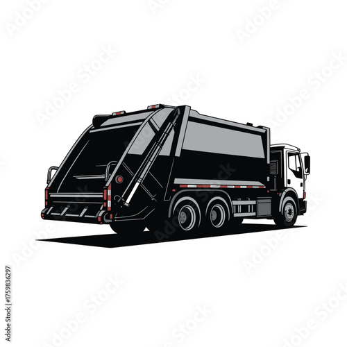 Illustration of a black garbage truck on a white background