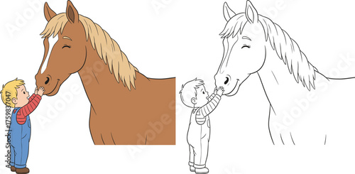 A boy gently touching a horse's nose with affection, a heartwarming connection between child and animal.
