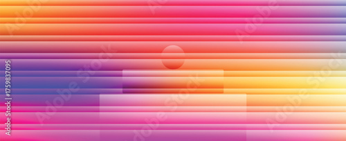 Abstract geometric background with a vibrant sunset gradient and horizontal ripple lines. Modern minimalist digital art featuring a sphere on a pyramid for a futuristic wallpaper design.