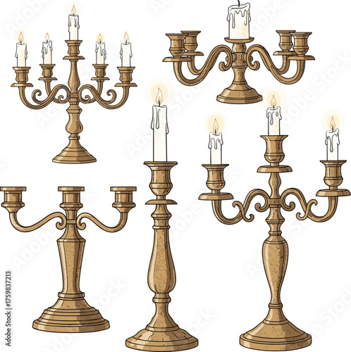 Set of Vintage Bronze Candelabras with Burning Candles. Hand-Drawn Engraving of Antique Metal Holders for Romantic or Ceremonial Design Romantic or Ceremonial Design.