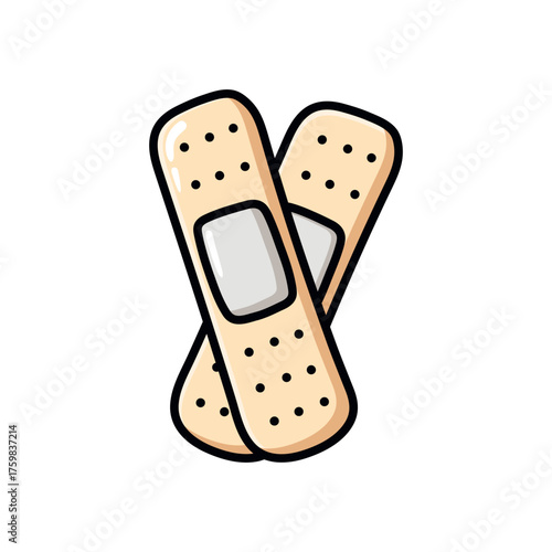 Hand-drawn doodle illustration of two crossed adhesive bandages in flat vector style. Perfect for healthcare, first aid, wellness, education, and cartoon-style design projects.