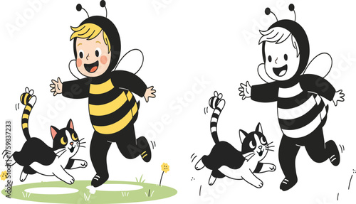 Cute Cartoon Kid in Bee Costume Playing with Cat, Plus Black and White Line Art for Coloring
