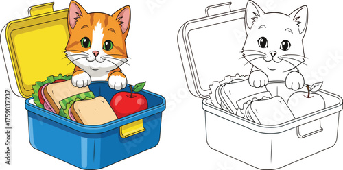 Cute Cartoon Kitten in a Lunchbox with Sandwich and Apple, Plus Line Art Coloring Page for Kids