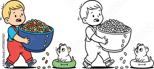  Little Boy Carrying a Giant Bowl of Cereal, Watched by a Hungry Hamster - Cute Cartoon Vector!