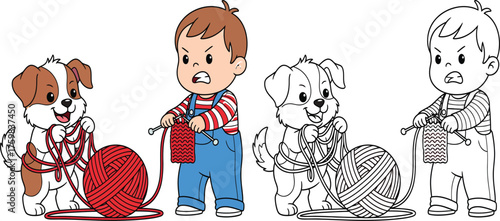 Mischievous Puppy Unraveling Yarn While Boy Knits - Humorous Cartoon Vector!