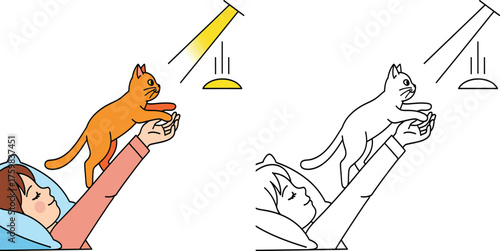 Sleeping Person and Playful Cat Chasing a Laser Pointer Dot, a Humorous Morning Wake-Up Scene.
