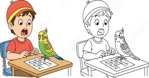 Surprised Boy Losing Tic-Tac-Toe to a Clever Budgerigar, a Humorous and Playful Pet Interaction.
