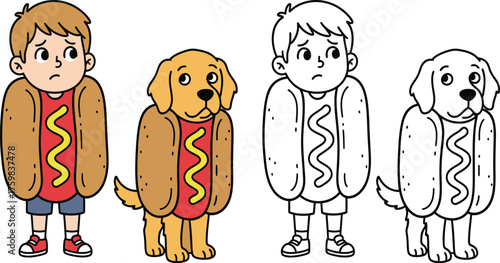 Unhappy Boy and Dog in Hot Dog Costumes, Cute and Humorous Halloween Attire.