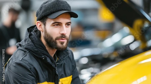 A mechanic with beard wearing a hat and jacket examines a car, eyes closed
