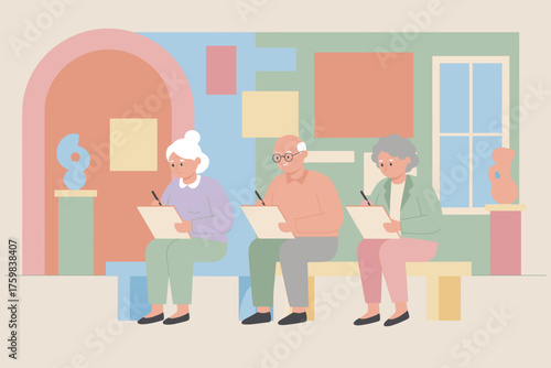 Elderly people sketching art in a gallery Creative hobby active aging and lifelong learning for seniors