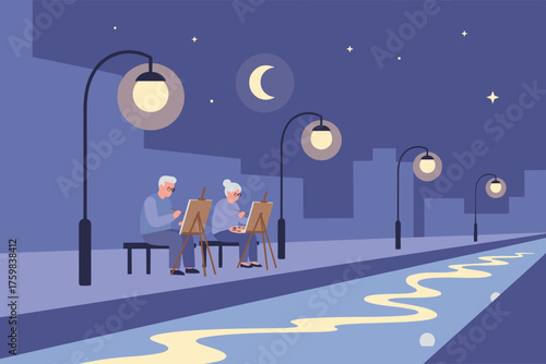 Elderly couple painting at night under streetlights enjoying a creative hobby in an urban setting