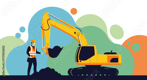 Construction worker supervising excavator operations on a job site Industry development safety