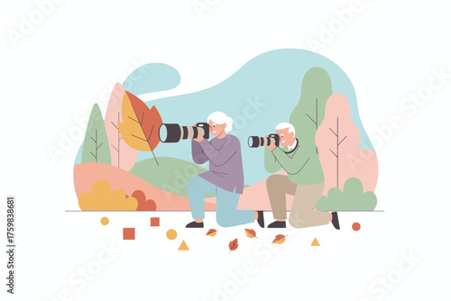 Senior couple enjoying nature photography in a vibrant park