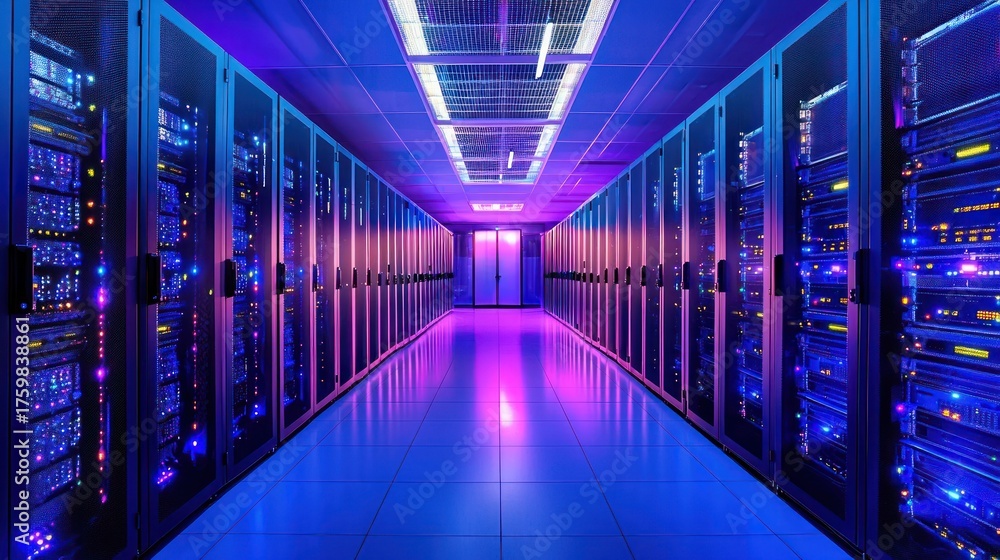 Fototapeta premium A server room with multiple servers and a blue and purple light ambiance.