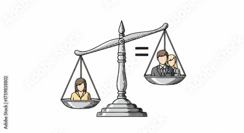 Gender Pay Equity and Workplace Equality Symbolized by Scales of Justice with Single Woman Balanced Against Multiple Men. Ideal for HR, diversity training or equality campaigns.