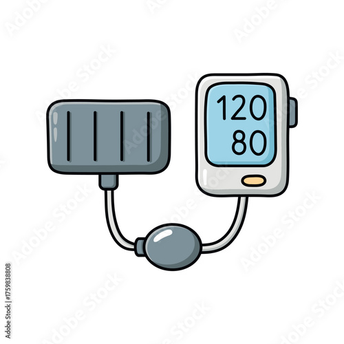 Hand-drawn doodle illustration of a digital blood pressure monitor with display and cuff. Minimal flat vector style, perfect for healthcare, hospital, and wellness design projects.