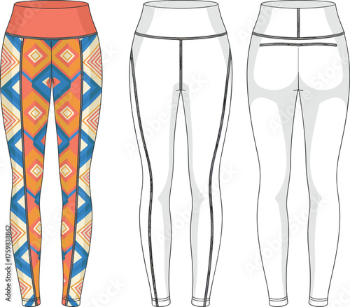 Leggings fashion illustration, geometric pattern leggings, technical flat sketch, apparel design template, activewear clothing vector, sportswear garment drawing, seamless pattern leggings