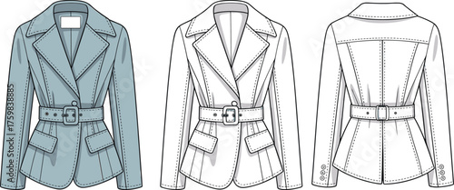 Women’s tailored blazer jacket fashion illustration, technical garment sketch front and back view, belted waist design, notched lapel collar, flap pockets, apparel template drawing