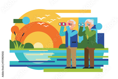 Smiling senior couple birdwatching by a lake at sunset enjoying nature and leisure